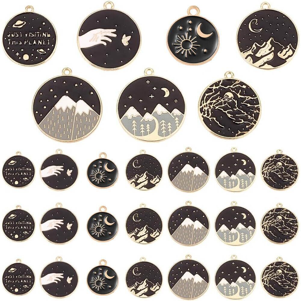 6597 42Pcs 7 Styles Alloy Enamel Pendants Flat Round Black Charms Forest